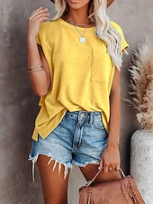 preiswerte Einfarbiges T-Shirt-Damen Bluse Tasche Einfach Vintage Stilvoll Ärmellos Rundhalsausschnitt Normale Oberteile Täglich Ferien Ausgehen Schwarz Gelb Rosa Purpur Grün Sommer Frühling