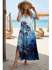 economico Arte &amp; Design Abiti-Per donna Abito maxi Vestito Estivo Abito a trapezio Vacanza Casual Boho A farfalla Spiaggia Vestibilità regolare Floreale Grafico Tribale Manica Corta Scollo a V Girocollo Blu bianco Blu scuro Blu