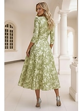abordables Vestidos de cóctel-Corte A Vestido Midi Vestido formal Vestidos de coctel Elegante Manga 3/4 Escote en Pico Boda Formal Jacquard con Lazo(s) Plisado