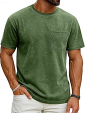 billiga grundläggande t-shirts-Herr T-shirt Tvätta skjorta i 100 % bomull Kortärmad Rund hals Sommar Vår Alla årstider Ensfärgat Elegant Vintage Neutral Ficka Färgade plagg Bedrövad Ledigt Hem Utomhus Svart Rosa Brun Topp t-shirt