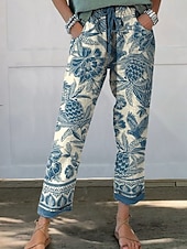 preiswerte Gerade geschnittene Hose-Damen Chinos Gerade Urlaub Streetwear Lässig Volle Länge Mittlere Taillenlinie Blumen Grafik Kordelzug Tasche Drucken Bequem Komfort Atmungsaktiv Mikroelastisch Täglich Outdoor Streetwear Blau