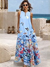 abordables Robes Boho-Femmes Robe maxi Robe d'Été Robe trapèze Robe d'été Vacances Occasionnel Boho Quotidien Fête Coupe Ample Graphique Tribal Plume Sans manches Col en V Col Halter Bleu Noir Blanche Rouge claire Ét