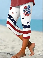 baratos Calças do Dia da Independência-Mulheres Calças Capri Leggings Férias Havaiana à moda Capris Cintura MédiaPantsDia da Independência Americana Gráfico Bandeiras Imprimir Conforto Com Stretch Diário Ao ar livre Férias Branco Verão