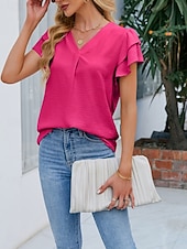 billige Plain t-skjorte-Dame T skjorte T-skjorte Drapering عادي Mote Stilfull Klassisk Kortermet V-hals Vanlige topper Daglig Ut på byen Helg Svart Hvit Rosa Himmelblå Fuksia Sommer Vår