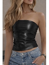 Недорогие Простой бак-Жен. Облегающий топ Топ из искусственной кожи Рюши Открытая спина Сплошной цвет Винтаж Стиль горячий Без рукавов Бандо Обычные топы Повседневные На выход