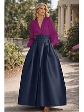 cheap A-Line Evening Dresses-A-Line Floor Length Evening Gown High Split Mother Of The Bride Long Sleeve V Neck Formal Wedding Guest Belt / Sash Satin with Pleats Slit