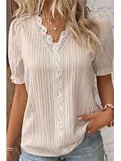 economico T-shirt semplice-Per donna Maglietta Pizzo Patchwork Semplice Moda Elegante Classico Manica Corta Scollo a V Top Regolari Quotidiano Uscire Weekend Nero Bianco Giallo Azzurro cielo Viola Estate Primavera