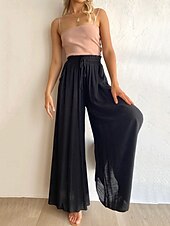 billiga breda ben och hög midja-Dam Trosor Kinesiska Aktiv Streetwear Ledigt Fullängd Medium Midja Slät Snörning Bekväm Oelastisk Dagligen Utomhus Gata Aprikos Svart Mörk marin Kaki Sommar Vår Lös passning