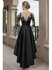 halpa Nilkkapituus-A-linja Epäsymmetrinen Polven yli Juhlamekko Coctail-asu Häävieraspuku Morsiammen äidin asu 3/4 hiha Kauha Tyylikäs Lyhyt ja matala Häävieras Syntymäpäivä Satiini Pitsi kanssa Laskokset Applikaatiot