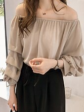 Χαμηλού Κόστους Μπλούζες &amp;amp; Πουκάμισα-Γυναικεία Πουκάμισο Μπλούζα Μπλούζες σιφόν Σουρωτά Σκέτο Ενεργό Στυλάτο Μακρυμάνικο Ώμοι Έξω Κανονικά μπλουζάκια Καθημερινά Αργίες Εξόδου Θαλασσί Ανθισμένο Ροζ Σομόν Καλοκαίρι Άνοιξη