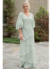 economico Lunghezza del pavimento-Due Pezzi Linea ad A Lunghezza al pavimento Abito da invitata a nozze Abito Formale Abito a Strati Abito da cerimonia per signora Mezza Manica Scollo a V Elegante Con Stola Ospite di nozze Festa di