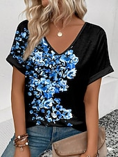 abordables Camiseta floral-Mujer Camiseta Estampado Floral Graphic Vintage Elegante Clásico Manga Corta Escote en Pico Tops regulares Diario Fin de semana Ropa de vacaciones Azul Piscina Rojo Morado Verde Trébol Verano