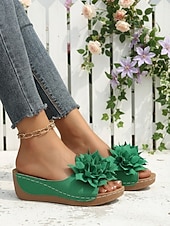 economico Infradito scivolosi-sandali da donna con zeppa verde e dettagli floreali – comode scarpe estive aperte per l'uso casual, quotidiano e in giardino
