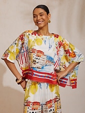  Santorini Sommer-Top aus seidigem Satin mit Dolmanärmeln