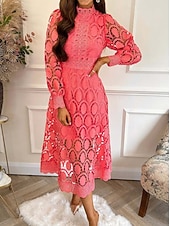 preiswerte Weiße Spitzenkleider-Damen Midikleid Maxikleid Spitzenkleid Weißes Kleid Freizeitkleid Elegant Mode Modern Outdoor Urlaub Ausgehen Normale Passform Schlank Geometrisch Langarm Hoher Ausschnitt Stehkragen Schwarz Wei