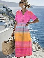  Women's Midi Dress Shift Dress Sundress Vacation Casual Beach Daily Going out Loose Fit Ombre Graphic Short Sleeve V Neck Blue Pink Purple Orange Summer Spring
