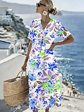  Women's Midi Dress Shift Dress Sundress Vacation Casual Beach Daily Going out Regular Fit Ombre Floral Graphic Short Sleeve V Neck Blue Pink Red Green Summer Spring