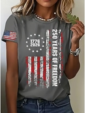  Amerykański Dzień Niepodległości Damskie Podkoszulek Nadruk Graficzny Litera Flaga Ameryki Elegancki Klasyczny Codzienny Krótki rękaw Półgolf Zwykłe topy Codzienny Niebieski jesion Czarny Biały Lato