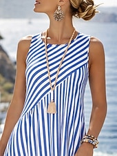 cheap Stripe&amp;Geometric Dress-Women's Midi Dress A Line Dress Vacation Casual Outdoor Going out Loose Fit Stripe Sleeveless Crewneck Blue Summer Spring