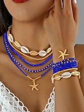 cheap Women's Necklace-Women's Multi-Layer Beaded Necklace and Bracelet Set with Starfish Pendant – Alloy Material, Bohemian Style, Colorful, Perfect for Vacation, Beach and Daily Casual Wear