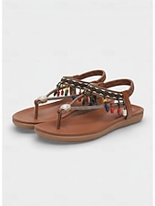 abordables Sandalias Planas-Sandalias bohemias con cuentas y flecos en el tobillo para mujer: zapatos de playa planos y cómodos para vacaciones, resorts, festivales y viajes informales.
