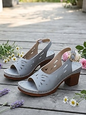 abordables Sandalias de tacón-Sandalias de tacón abierto con aberturas para mujer: sandalias de piel sintética beige con tacón grueso para salidas de verano, fiestas en el jardín y elegancia diaria.