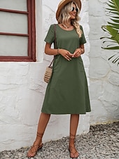 cheap Plain Dress-Women's Midi  Faux Cotton Linen  Dress A Line Dress Summer Dress Casual Daily Loose Fit Plain Short Sleeve Crew Neck Black Orange Army Green Apricot Summer