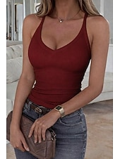 baratos Tanque Simples-Mulheres Tops tricotados em costura Malha Íntima Top ajustado Túnica Côr Sólida à moda quente Casual Sem Manga Decote V Alças Finas Tops regulares Diário Para Noite Preto Branco Vinho Roxo Marron