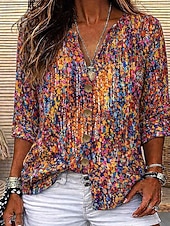 abordables Art &amp; Design Blouses-Femmes Chemise Tunique Hauts d'été Boutons Graphique Géométrique Abstrait Vacances Quotidien manche longue Col en V Hauts Réguliers Quotidien Fête Sortir Rouge Été Printemps
