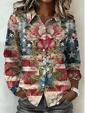  Día de la Independencia Camiseta para Mujeres Americana Botones Impresión Gráfica Aniversario de América Vintage Elegante Moderna de Manga Larga Cuello Cuello Regular Tops Diarios Negro Rojo Celeste