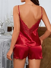 preiswerte Damen Nachthemden und Sleepshirts-Damen Schlafanzug Freizeitkleidung Lässig Einfarbig Spitze Elastischer Bund Rückenfrei Shorts Urlaub Straße Date Ärmellos V Ausschnitt Rosa Rote Purpur Grün Beige Sommer Frühling Normale Passform