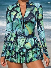 Χαμηλού Κόστους Κουνιέ-Γυναικεία Μαγιό Ενα κομμάτι Μαγιό-φόρεμα Φούστα Μαγιό Σουρωτά Φερμουάρ Διακοπές Ρούχα παραλίας Φλοράλ Ζιβάγκο Μακρυμάνικο Μαγιό