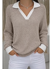 preiswerte Einfarbiges T-Shirt-Damen Rippstricktops T Shirt Falscher Zweiteiler Kontrastfarben Stilvoll Lässig Langarm V Ausschnitt Hemdkragen Normale Oberteile Täglich Ausgehen Schwarz Pudriges Rosa Staubiges Blau Khaki Leicht