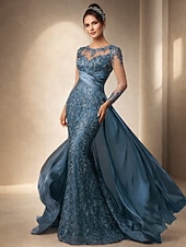 ieftine Lungimea podelei-Trompetă  Sirenă Mătura Trenă Rochie pentru invitata de nunta Rochie formala Rochie de seara Rochie Mama Miresei Manșon Lung Bijuterie Elegant Invitat la nunta Seară Formală Satin întins cu Dantel