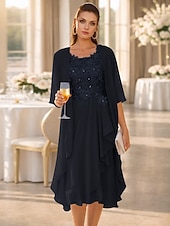 economico Set di abiti per la mamma-Due Pezzi Linea ad A Abito Lunghezza al ginocchio Abito da invitata a nozze Largo Abito da cerimonia per signora Mezza Manica Scollo a Barca Elegante Semplice Formale Ospite di nozze Ricevimento di