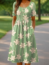 voordelige Bloemenjurk-Dames Halflange jurk Casual jurk Zomerjurk Vakantie Casual Strandstijl Feestdagen Normale pasvorm Bloemig Grafisch Korte mouw Ronde hals Geel Oranje Groen Beige Zomer Lente