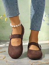 voordelige Platte damesschoenen-Dames Mary Jane platte schoenen met brede pasvorm in koffiekleur – comfortabele, casual platte schoenen met ronde neus en gesp met strasssteentjes, geschikt voor werk, dagelijkse wandelingen en buitenactiviteiten.