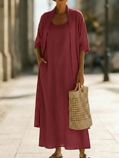 cheap Plain Dress-Women's Dress Set Shift Dress Elegant Plain Pocket Maxi Dress 3/4 Length Sleeve Crew Neck Daily Outdoor Blue White Pink Summer Spring Loose Fit