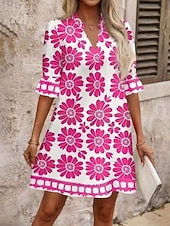 cheap Floral Dress-Women's Mini Dress Shift Dress Casual Dress Print Dress Fashion Modern Daily Vacation Going out Regular Fit Floral Long Sleeve V Neck Blue Black Red Fuchsia Spring Fall