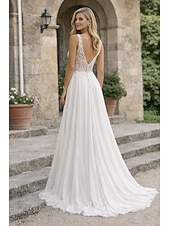 Недорогие Свадебные платья-Свадебные Платья На Пляже L-образной Формы V Вырез Без Рукавов Длинного Пола Шифон Невесты С Аппликациями Разрез Спереди