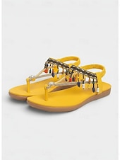 abordables Sandalias Planas-Sandalias bohemias con cuentas y flecos en el tobillo para mujer: zapatos de playa planos y cómodos para vacaciones, resorts, festivales y viajes informales.