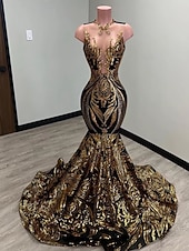 abordables Vestidos de Noche Sirena-Corte Trompeta Sirena Cola barrida Trajes de gala Vestidos de noche Corte Cenicienta Vestimenta formal Elegante Sin Mangas Escote de ilusión Carnaval Formal afroamericano Lentejuelas con Lentejuela