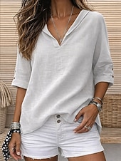 preiswerte Wesentliche Falsche Hemden-Damen Bluse Hemd aus Leinenimitat Einfach Stilvoll Lässig Dreiviertelarm V Ausschnitt Normale Oberteile Täglich Blau Schwarz Weiß Gelb Orange Sommer Frühling Herbst