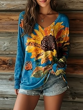  Per donna Maglietta Stampato Floreale Grafico Girasole Vintage Casual Boho Manica Lunga Scollo a V Top Regolari Quotidiano Blu Rosso Blu marino Arancione Verde Estate Primavera Autunno