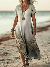  Dame Maxikjole Boho-kjole Uformell kjole Kjole med A-linje Print kjole Årgang utendørs Strand Feriereise Normal Blomstret Grafisk Kortermet V-hals Lys Rosa Gul Mørkegrønn Lilla Sommer Vår