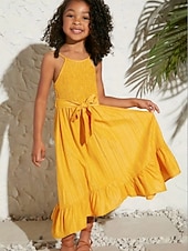 voordelige Casual jurken-Kinderen Voor meisjes Jurk Effen Kleur Mouwloos Casual Buiten Feest Lapwerk Aanbiddelijk Casual Kostuum Polyester Maxi Jurk met bandjes Zomer Lente 4 jaar + Geel
