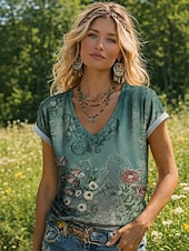 economico T-shirt Boho-Per donna Maglietta Stampato Floreale Grafico Bohemien Vintage Casual Manica Corta Scollo a V Top Regolari Quotidiano Verde primavera Giallo Rosa Verde militare Verde scuro Estate Primavera