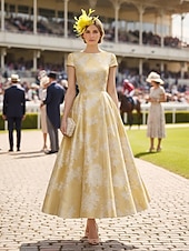 cheap Cocktail Dresses-A-Line Tea Length Cocktail Dresses Wedding Guest Dresses Elegant Short Sleeve Boat Neck Garden Party Formal Satin Lace with Floral Print Pleats Ruched