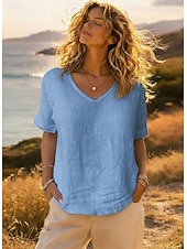 cheap Shirts-Women's Shirt 100% Cotton Plain Daily Stylish Basic Short Sleeve V Neck Regular Tops Daily Work Holiday Blue White Gray Summer