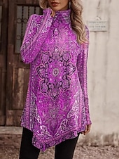 abordables Blusas Florales-Mujer Camisa Blusa Tops de manga larga Costura asimétrica Floral Elegante Clásico Moderno Manga Larga Cuello Alto Tops largos Diario Festivos Noche Azul Piscina Rojo Morado Primavera Otoño